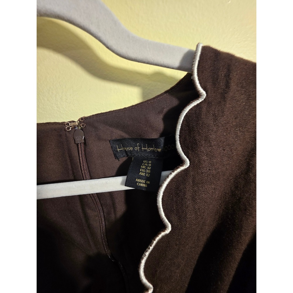 House of Harlow 1960 Brown Linen Puff Sleeve Scalloped Mini Dress Size 8 - Picture 2 of 6